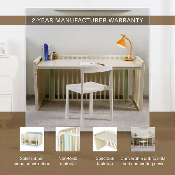 CEDAR 3 in 1 BABY CRIB CONVERTIBLE TO SOFA BED WRITING DESK 70x140cm Solid rubber wood BLUEand g Pan Home Furnishings